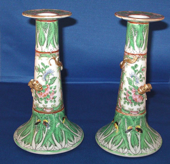 Pair of Chinese Export Porcelain Cabbage Leaf Candlesticks