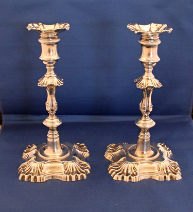 Pair of George II Sterling Silver Candlesticks by John Priest