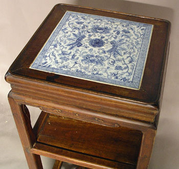 Chinese Stand with Blue and White Porcelain Top