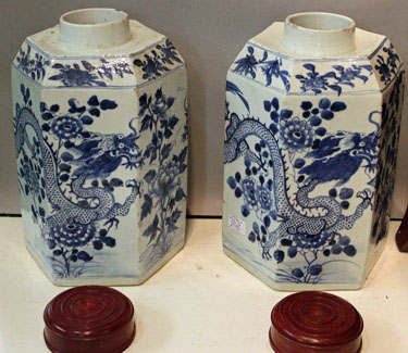 Very Large Pair of Chinese Export Blue and White Tea Canisters