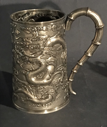 Very Large Chines Silver Dragon Decorated Tankard.