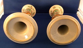 Pair of Chinese Export Porcelain Cabbage Leaf Candlesticks