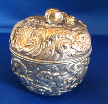 Chinese Export Silver Round Box with Dragon Decoration